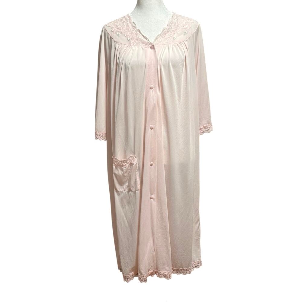 Shadowline Size L Robe Housecoat Lace Embroidered Baby Pink Floral Modest